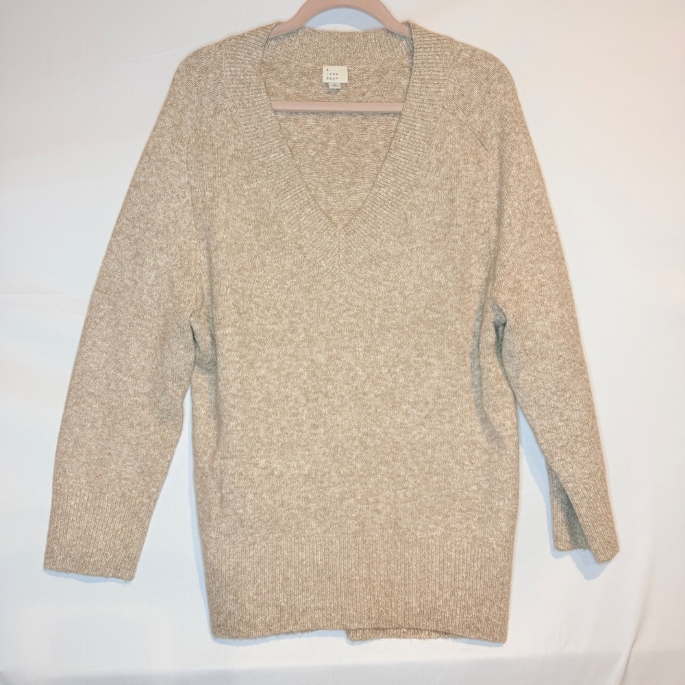 A New Day Womens V-Neck Raglan Sleeve Marled Knit Sweater Oatmeal Tan Medium